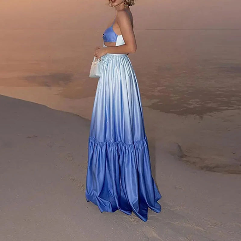 Gradient Color Hollowed Out Pleated Long Big Swing Maxi Dress Sun Dress