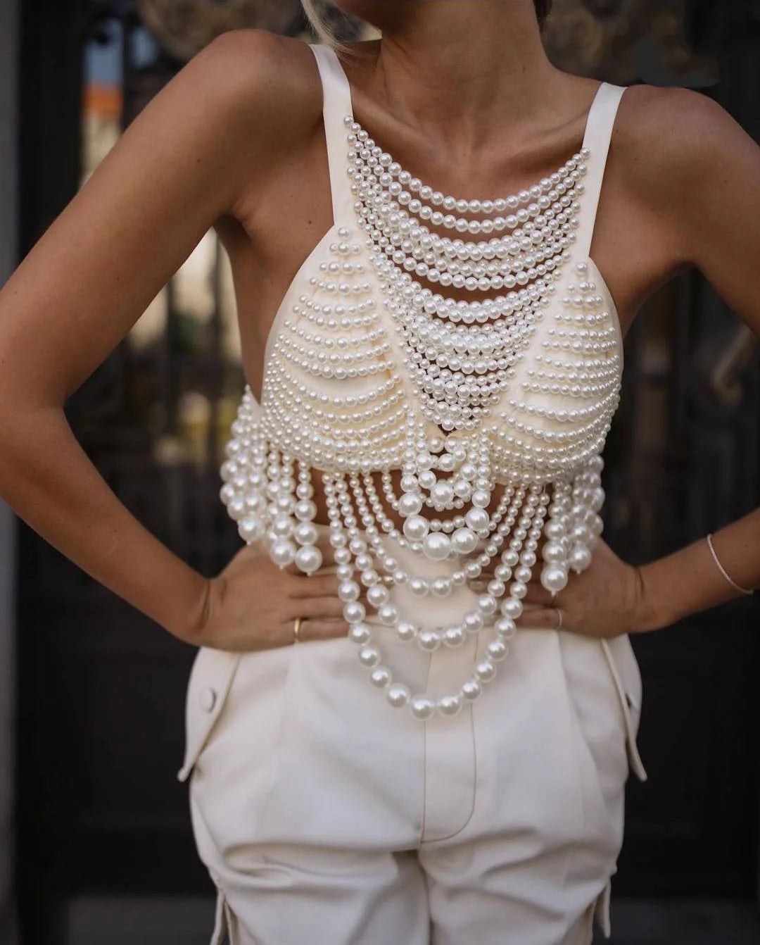 Chic Pearl Beading Tops Women V-neck Handmade Bra Top Vest Tops