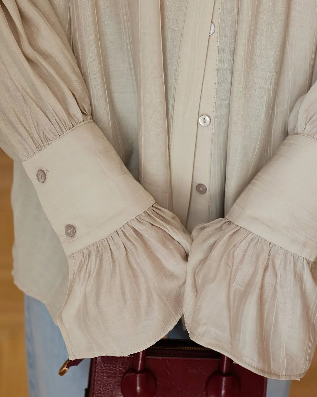 Summer Ruffled Loose Shirts For Women Lapel Long Sleeve Casual See-Through Blouse