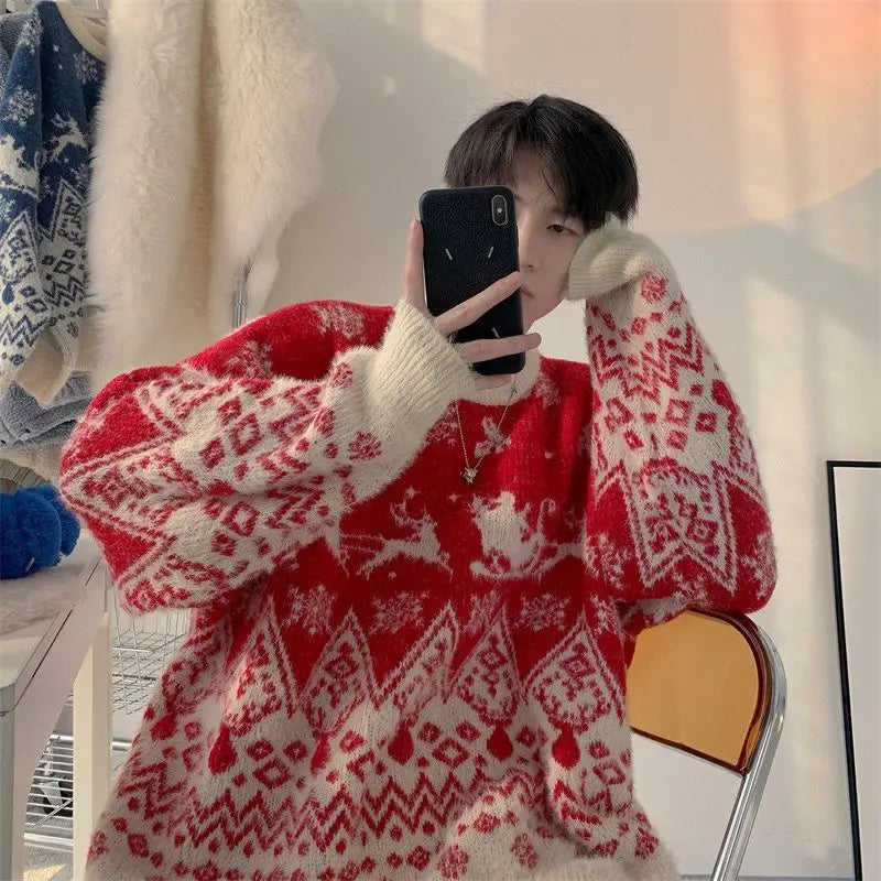 High Quality Plush Knitted Christmas Red Pullover Oversized Couple Sweater