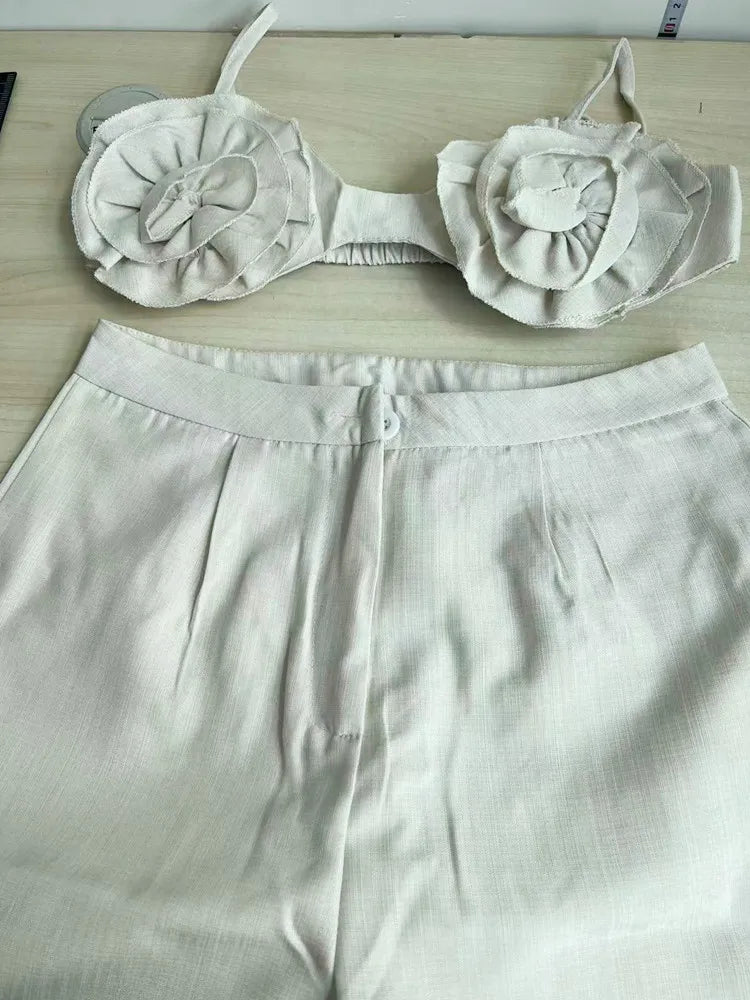 Elegant 2 Piece Sets Women Sexy 3D Flower Crop Camisole and Straight Leg Pants Set