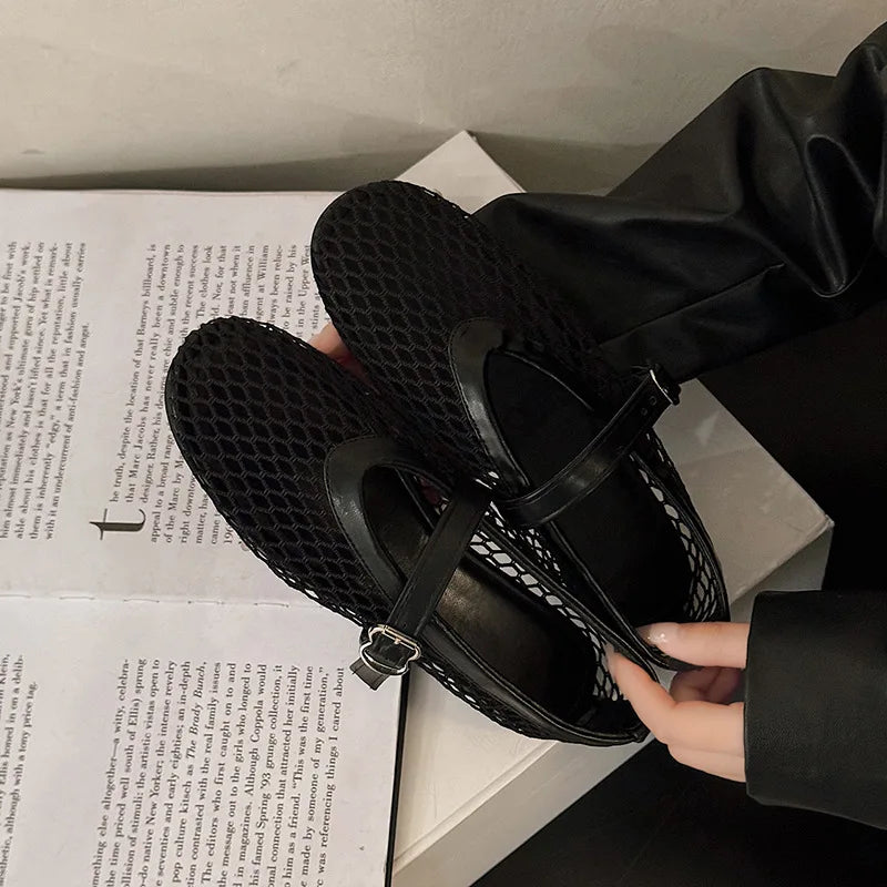 Breathable Mesh Black Ballet Shoes Daily Walking Street Sandals