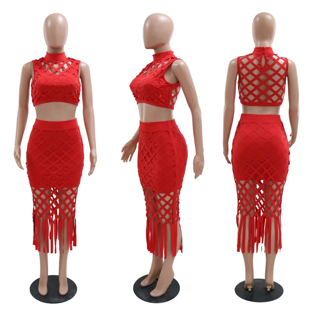 Women Hollow Out Tassel Bodycon Midi Skirts Two Piece Set and Sleeveless Top and Skirt Set