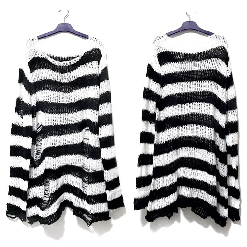 Punk Gothic Long Sweater Women Striped Broken Jumper