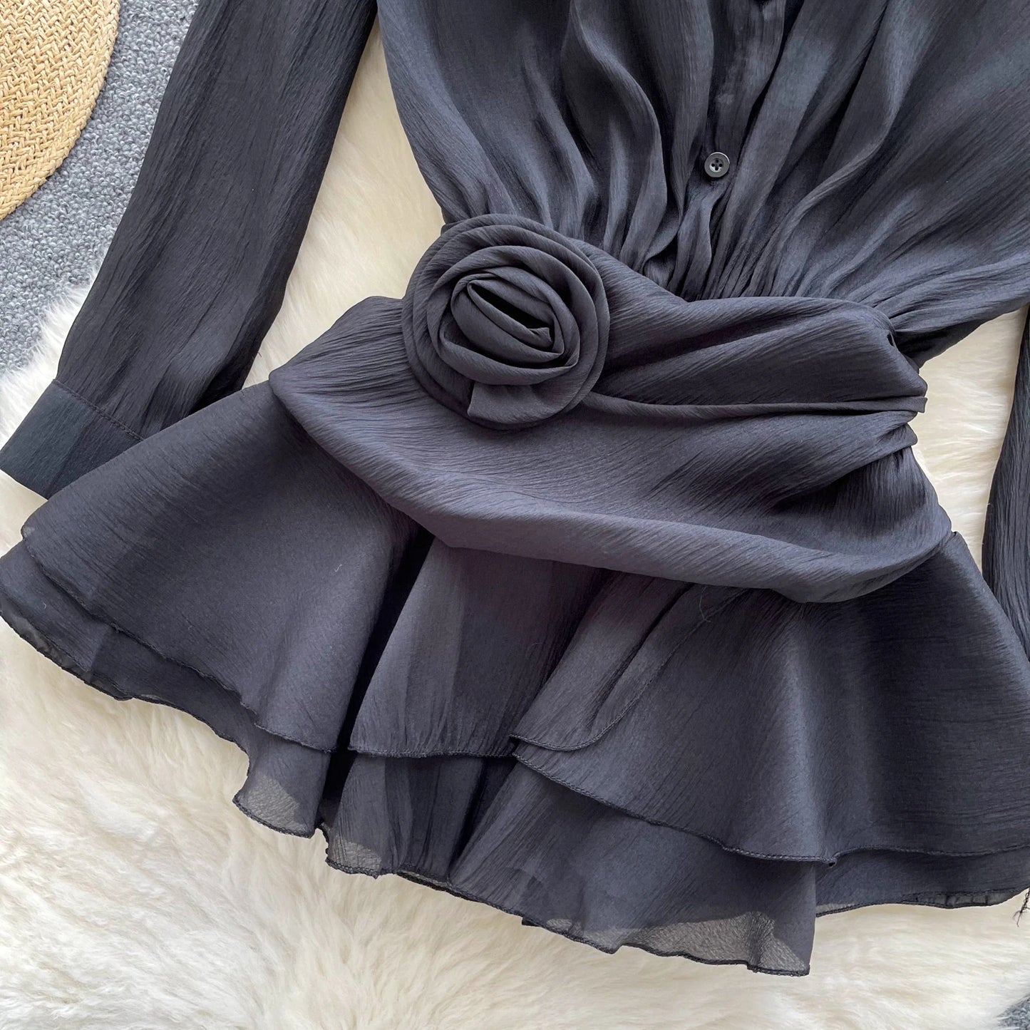 3D Floral Vintage Shirt Women Lapel Neck Long Sleeves Sheer Bohemian Organza Blouse