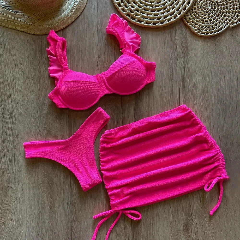 Solid Wavy Fabric Low Waist Ruffle Bikini Set Cover Up Swimsuit For Women