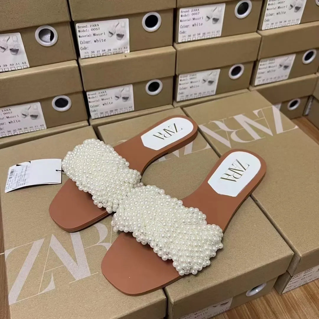 Women's White Pearl Weaving Flat Sandals