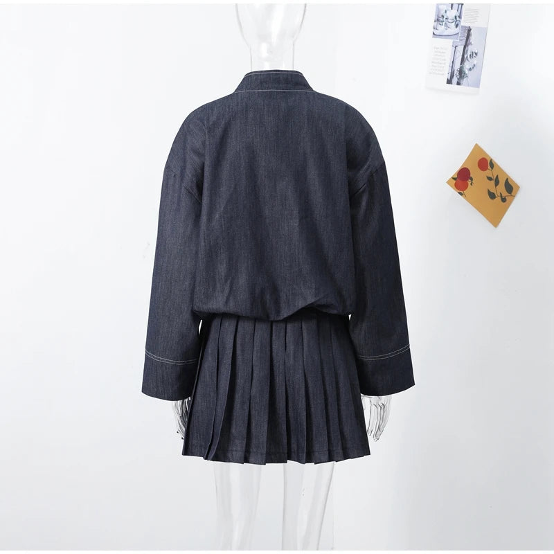 Denim Jacket Mini Skirt Women 2 Piece Set Stand Collar Zipper Long Sleeve Pocket Coat A-line Skirts
