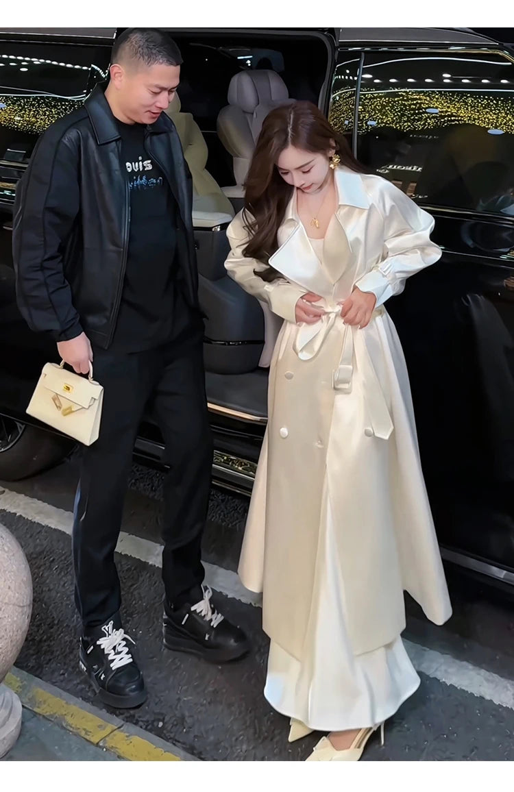 Long Flowy Shiny White Trench Coat for Women Double Breasted Design