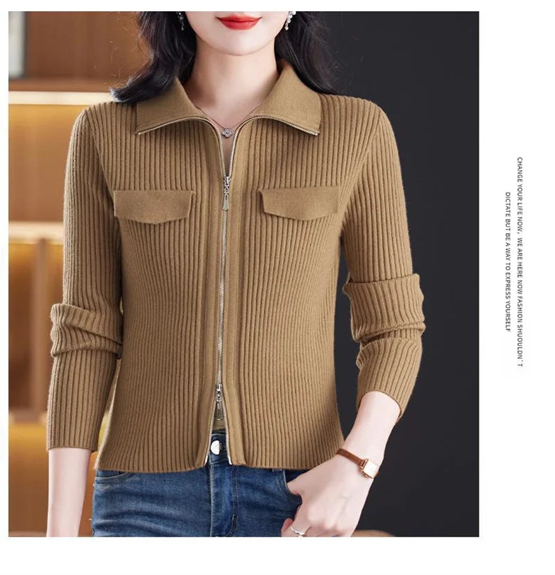 Women Knitted Sweater Cardigan Short Jacket Turn-Down Collar Knit Top