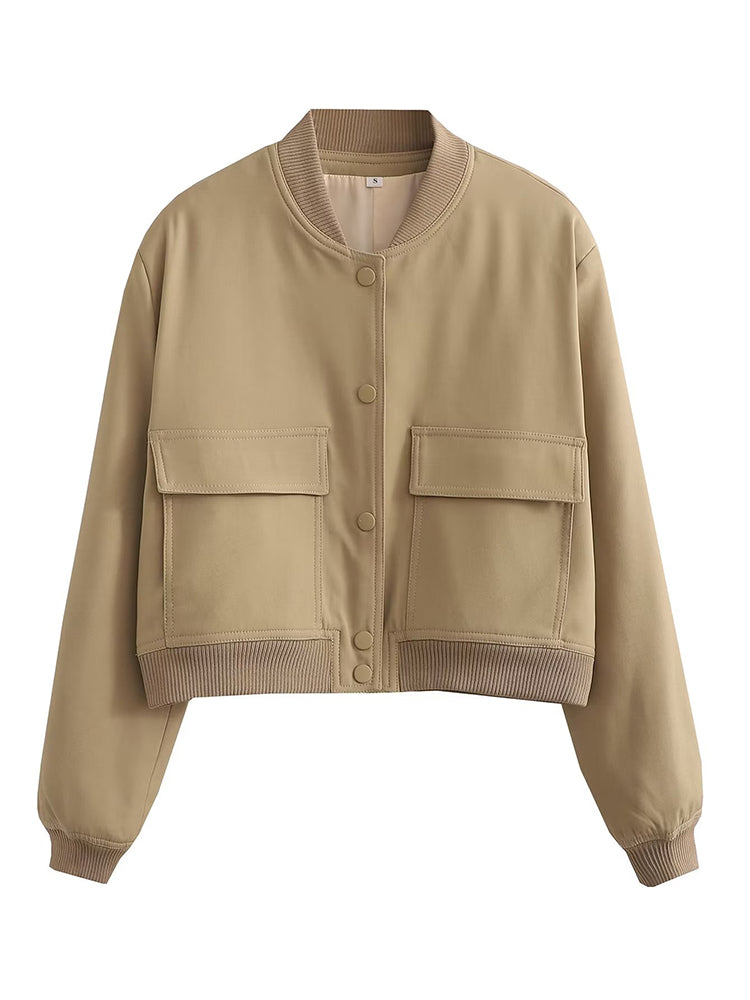 Solid Bomber Jackets Coat With Pockets V-Neck Single Breasted Long Sleeves Jacket