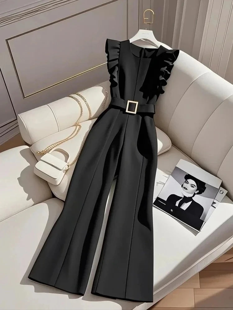 Oversized Luxury Temperament Jumpsuit Women Ruffles Sleeveless Elegant White Jumpsuit with Belt