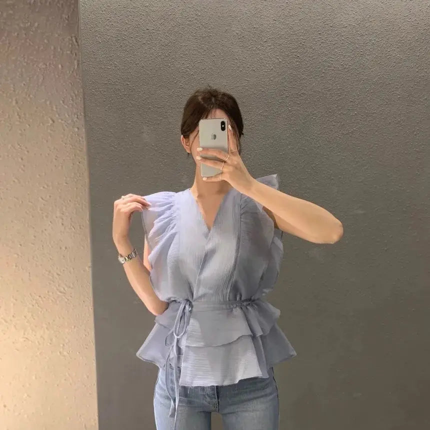 Lace Up Top Ruffled V-neck Sleeveless Shirts Blouse for Women