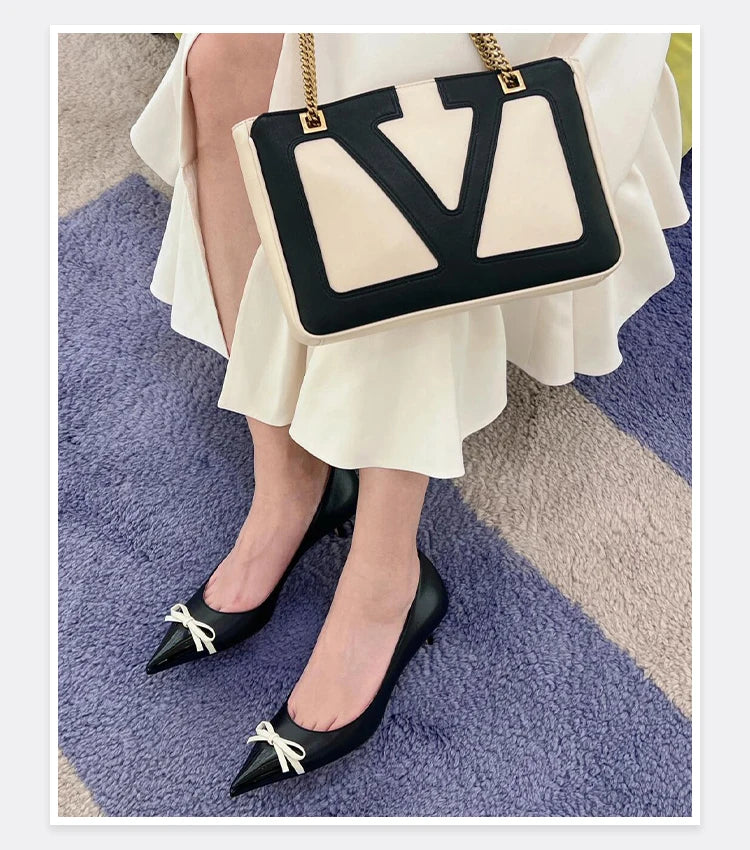 Butterfly Knot Color Blocked Shoes for Women Pointed Shallow Mouth Slim Heel High Heels