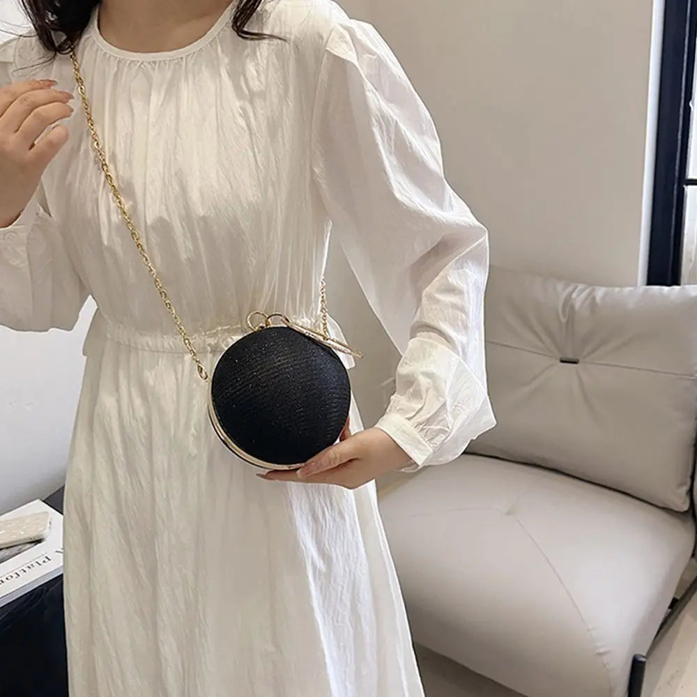 Gold Bright Silk Circular Evening Bag Women Banquet Clutch Rhinestone Chain Shoulder Bags