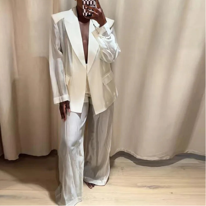 Sexy See Through Silk Set Women Elegant Blazer Coat Loose Shirt Wide-leg Pants
