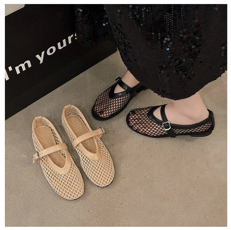 Breathable Mesh Black Ballet Shoes Daily Walking Street Sandals