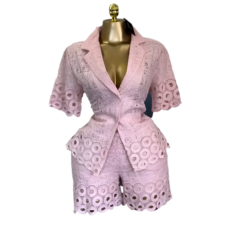 Lace Embroidery Women's Set half Sleeve Shirt and Shorts Two 2 Piece Sets Outfit