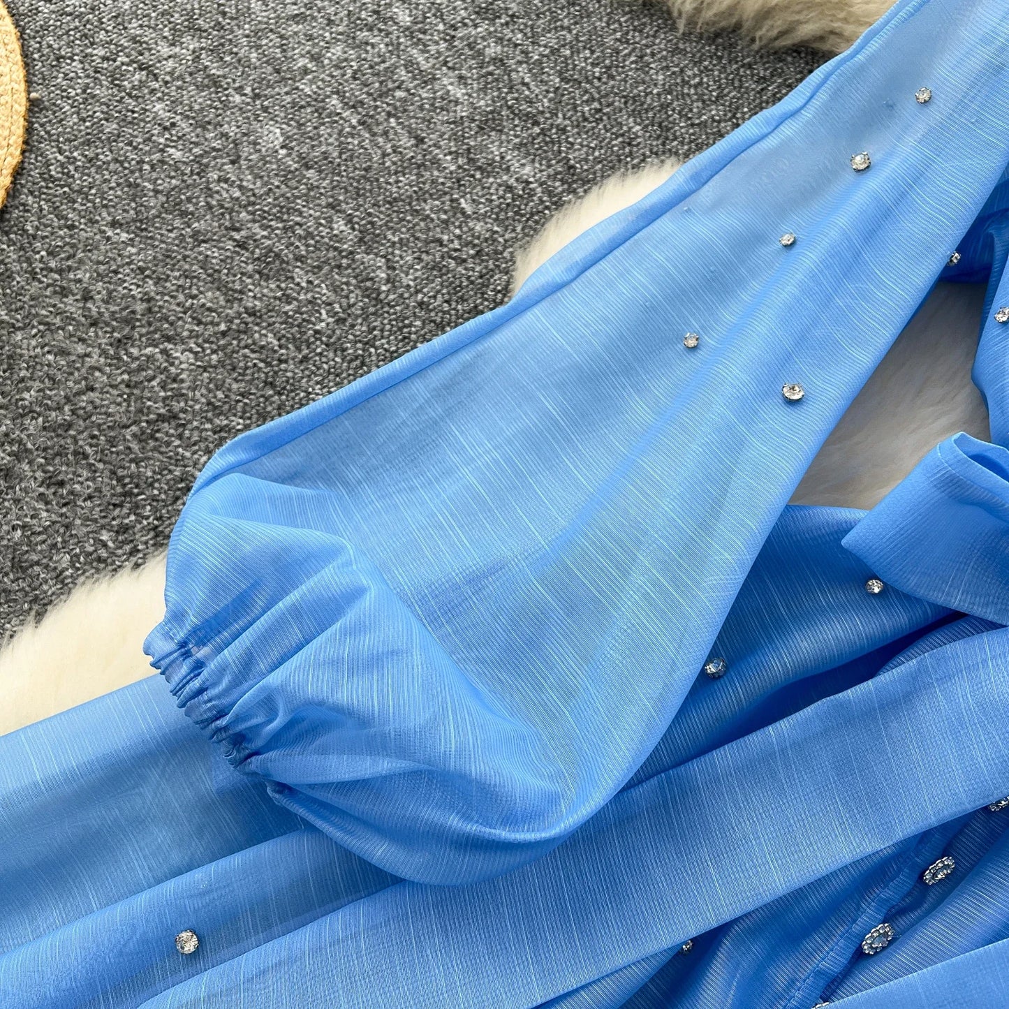 Elegant Lantern Sleeves Vintage Stand Collar Chic Single Breasted Rhinestone Bandage Slim High Street Long Dresses
