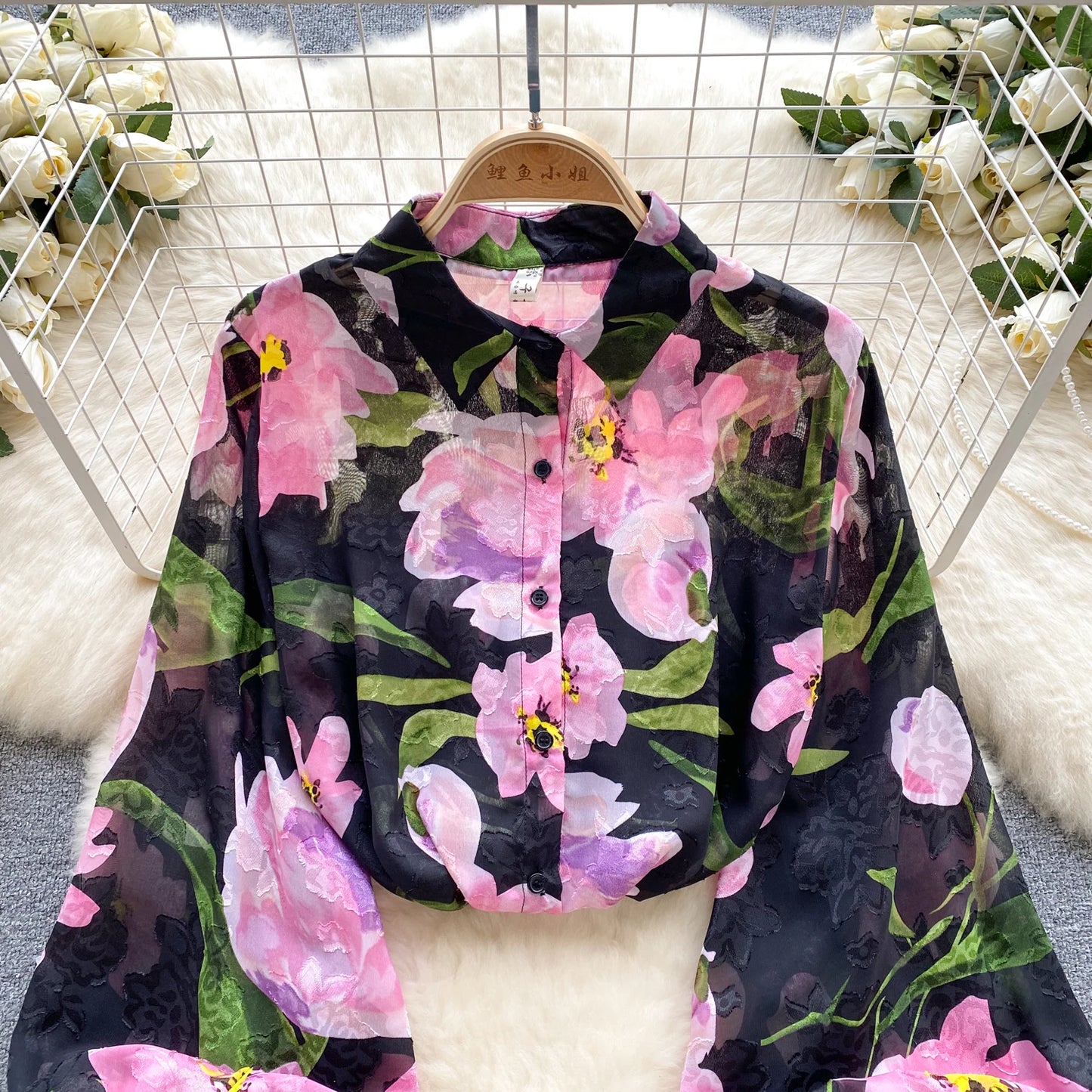 Floral Print Women Shirt Summer Lantern Sleeve Retro French Loose Blouse