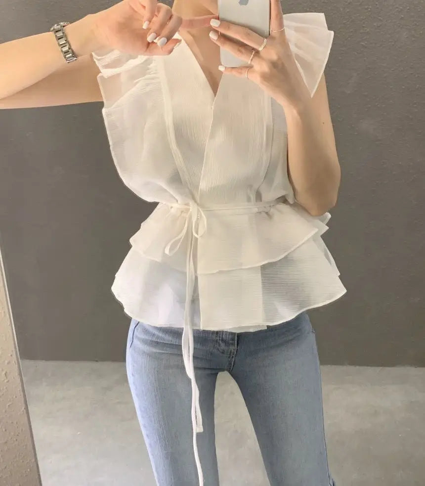 Lace Up Top Ruffled V-neck Sleeveless Shirts Blouse for Women