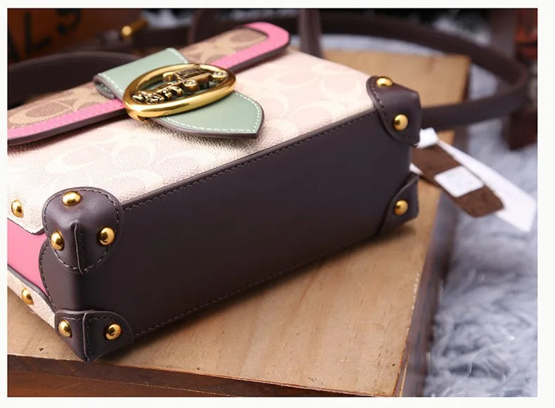 contrasting color women's bag, high-end carriage crossbody bag, portable box bag
