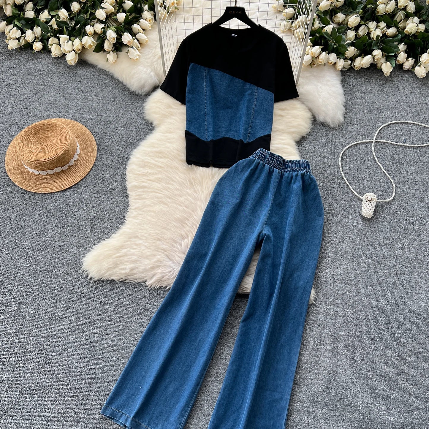 Women Denim pant sets Design Matching Color Short-sleeved T-shirt Tops + High-waisted Casual Pants