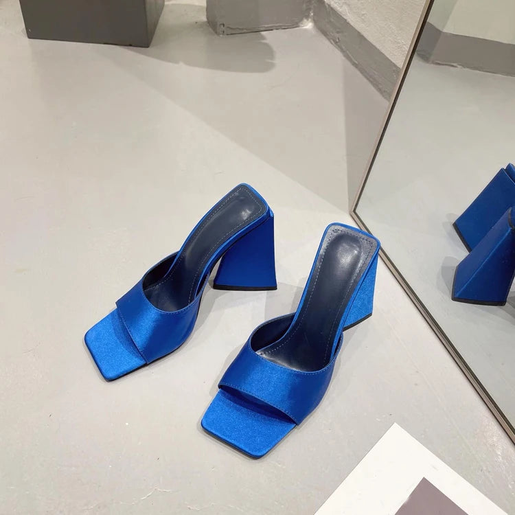 Silk Triangle Square Heels Heel Woman Slippers Sexy Street Party Square Toe Heels
