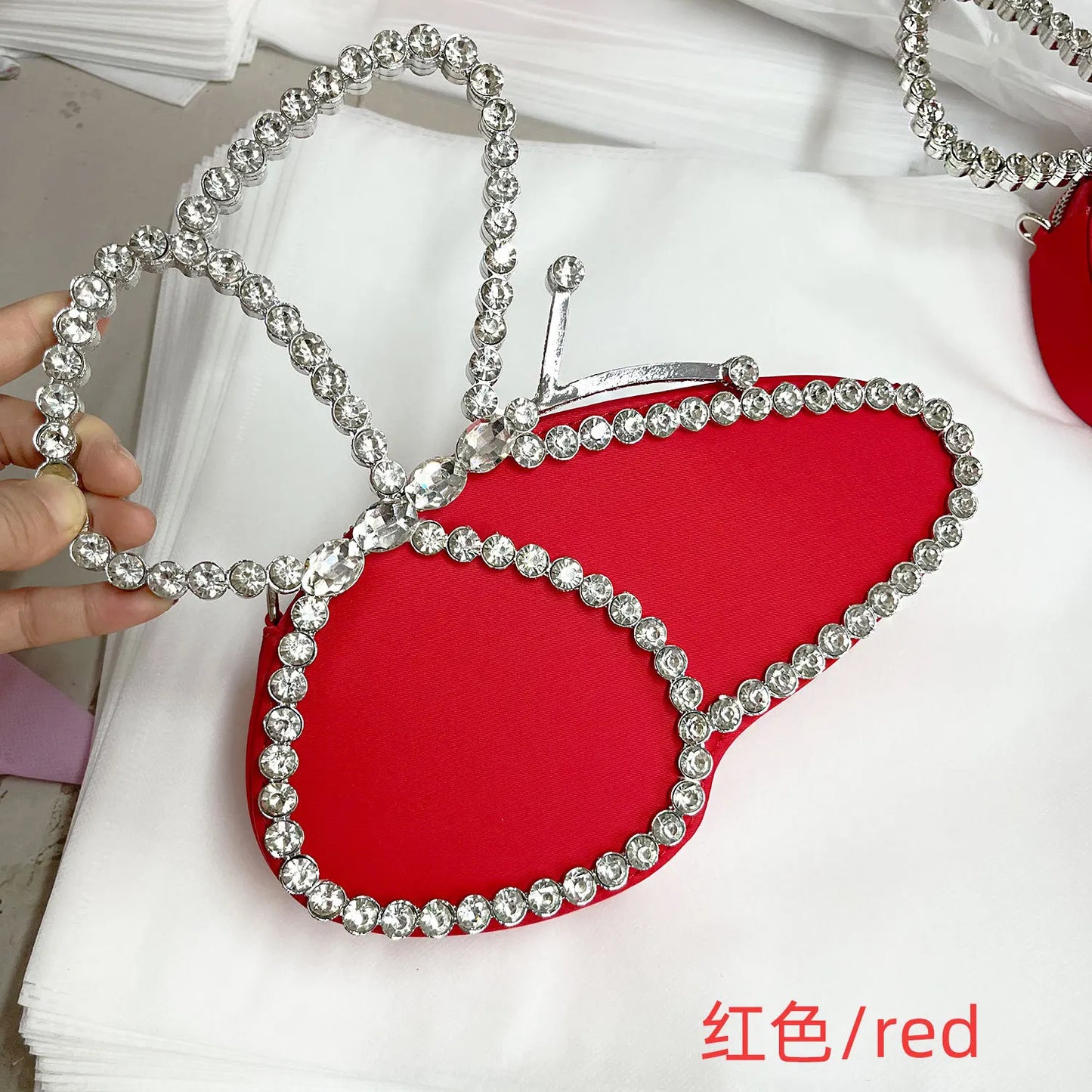 White Rhinestone Pink Butterfly Wedding Evening Clutches Party Prom Purse