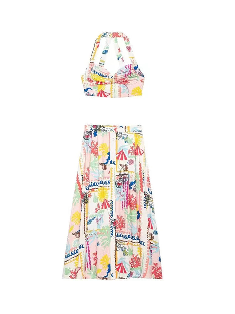 Colorful Printed Suspenders Skirt Set Women Patchwork Quilted High Waist Skirt Two Piece Summer