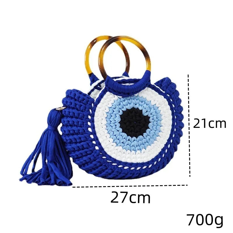 Rope Crochet Handbags Tassel Tote Round Handle Clutch Yarn Beach Bags for Women