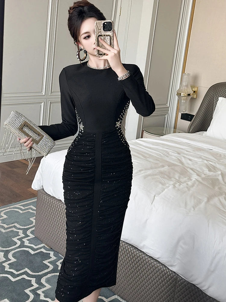 French Elegant Formal Shiny Rhinestone Folds Bodycon Midi Dress