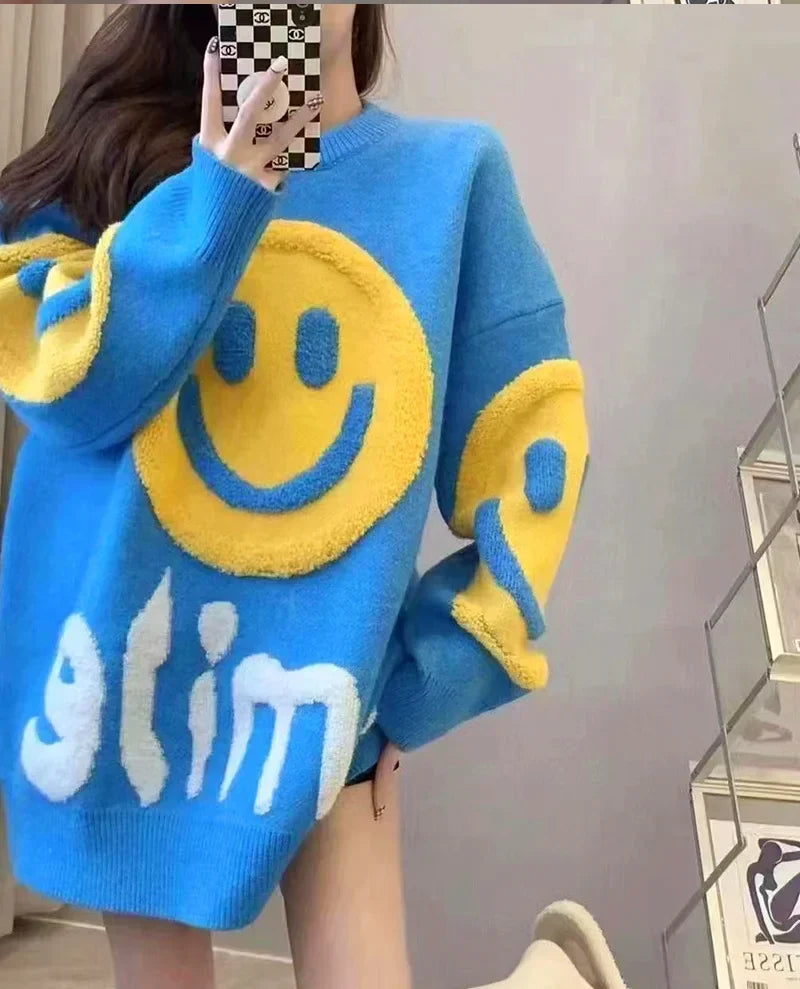 Thickened Versatile Smiling Face Pink Sweater Warm Christmas Sweater