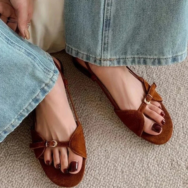 Women's summer flat round head open toe hollow strap sandals fashion lightweight non-slip sandals