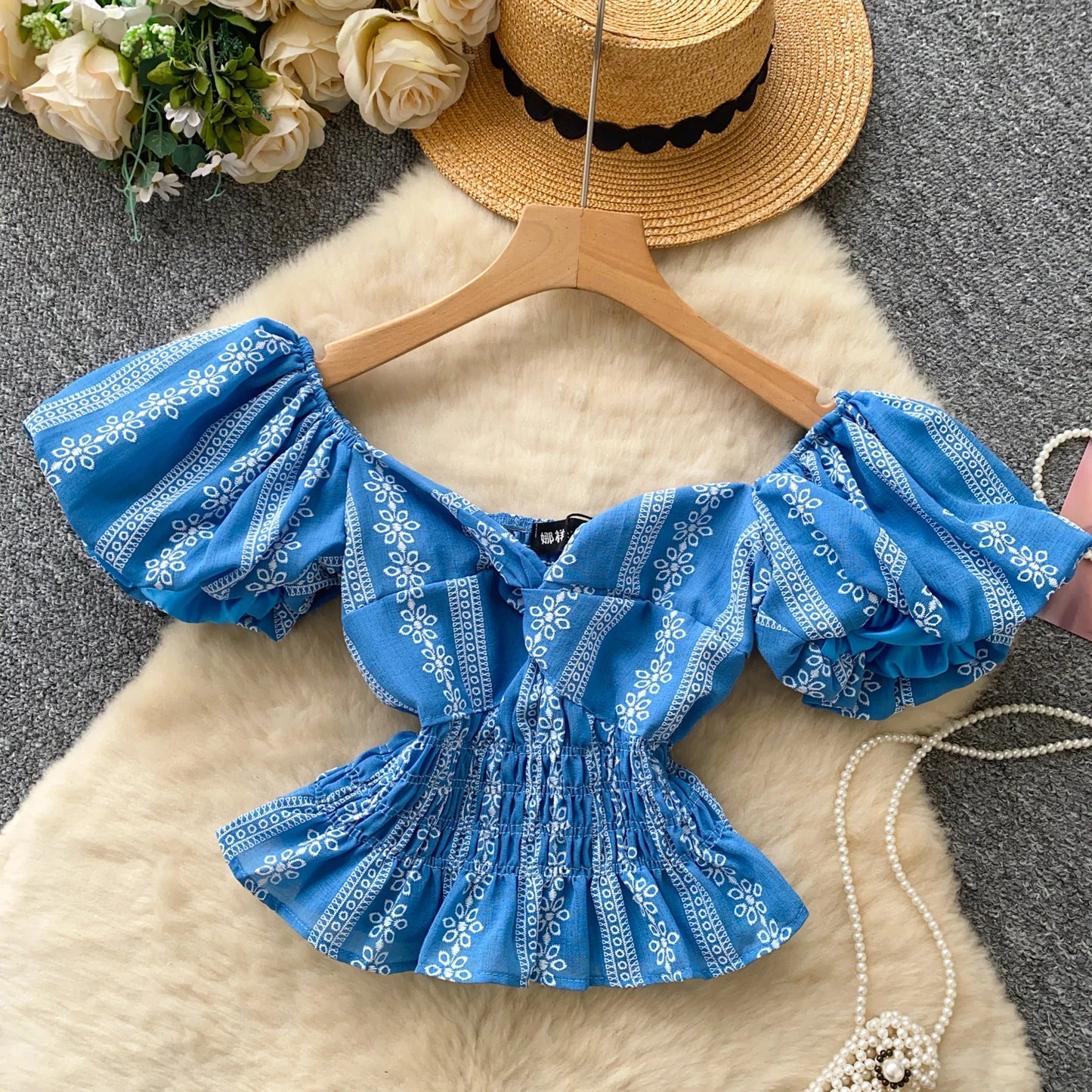 Jacquard Blouse Square Collar Puff Sleeves Elastic Slim Crop