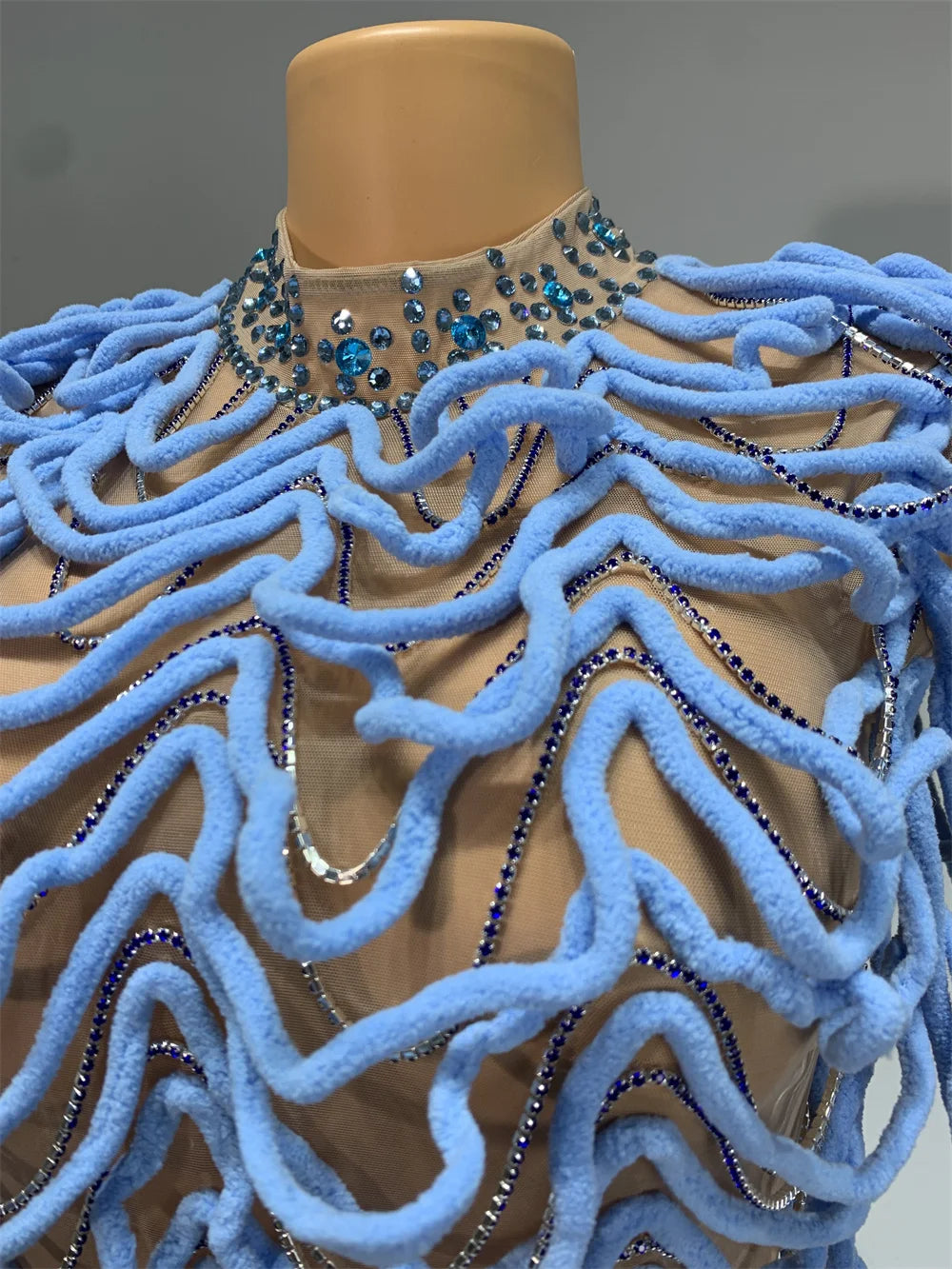 Mesh Rhinestones Chain Mini Dress Nightclub Party Performance Outfit