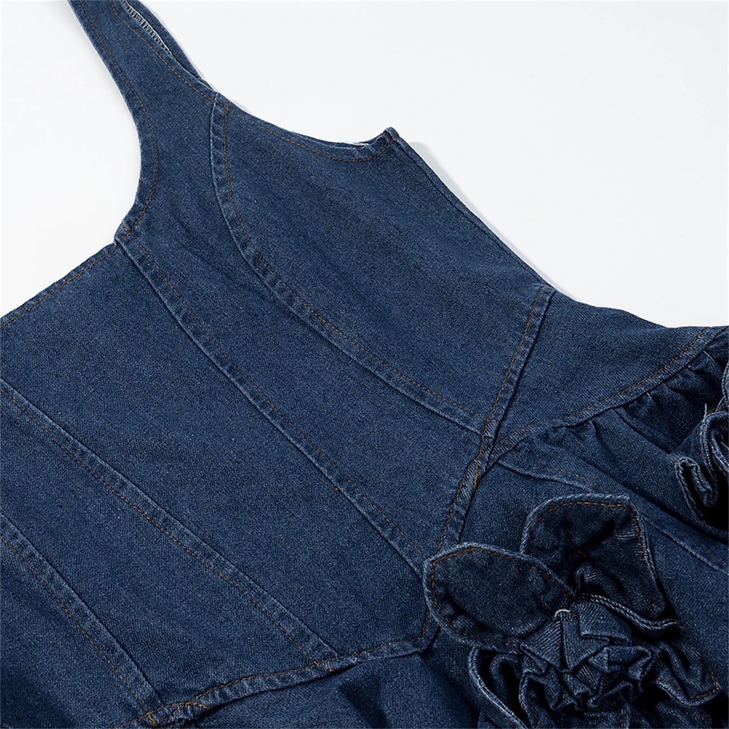 3D Flower Double Layer Denim Mini Dress Waist Sinching Mini Dress