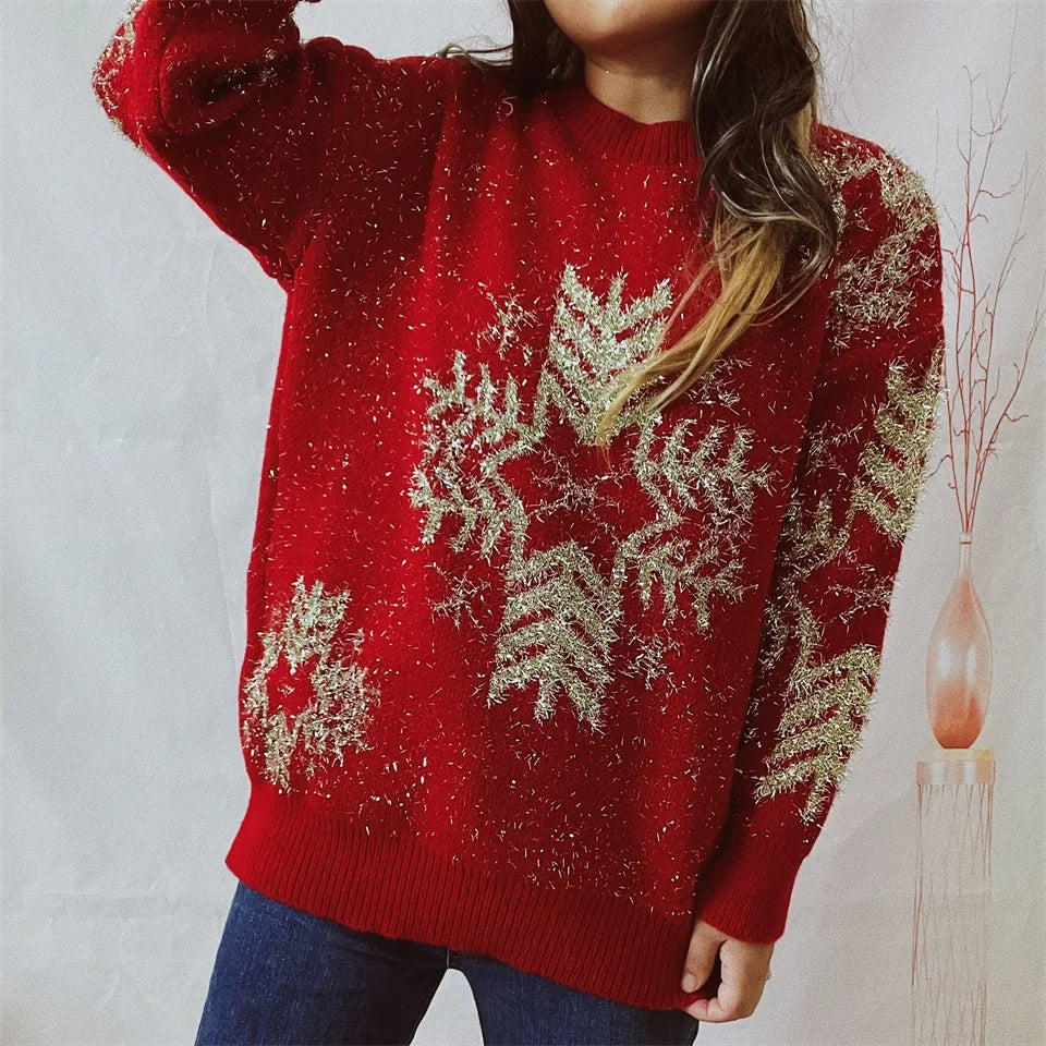 Loose-fit Line Big Snowflake Christmas Sweater Women's Pullover Thickened Crew Neck Sweater