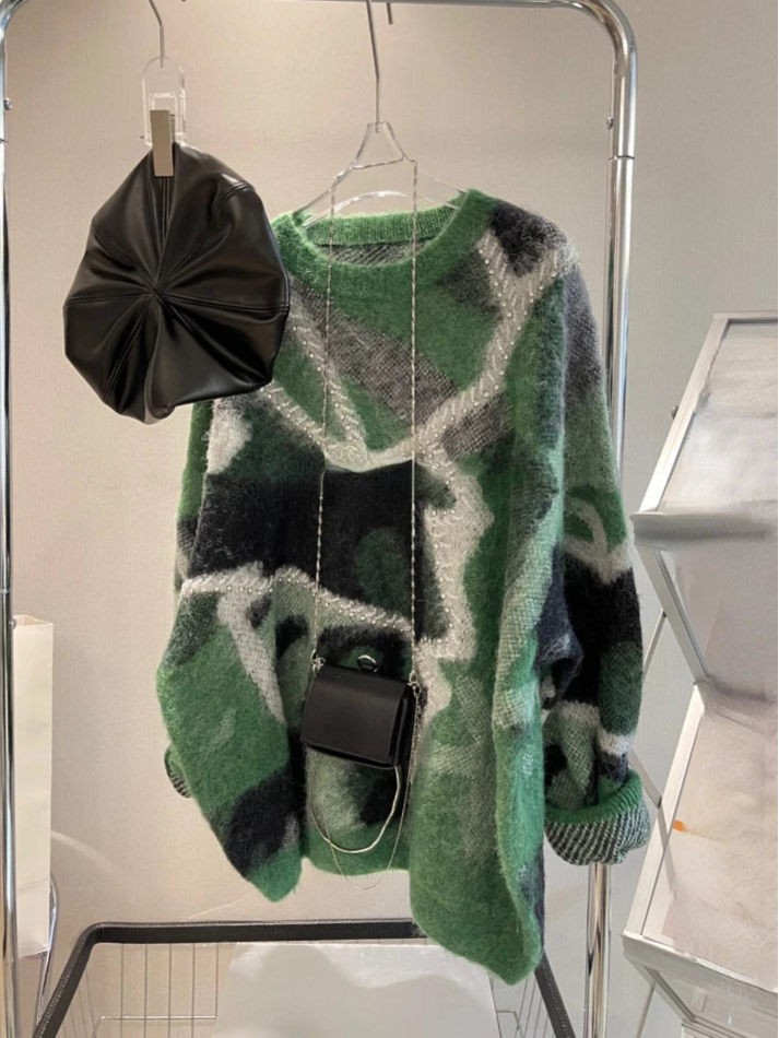 Oversized Women Casual Pullovers Patchwork Jumper with Diamonds Y2k Sweater