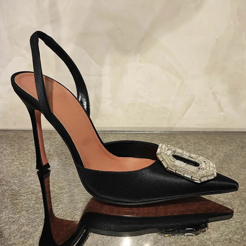 Oval Rhinestone Buckle Toe Sandals Pointed Thin Heel Hollow Banquet High Heels