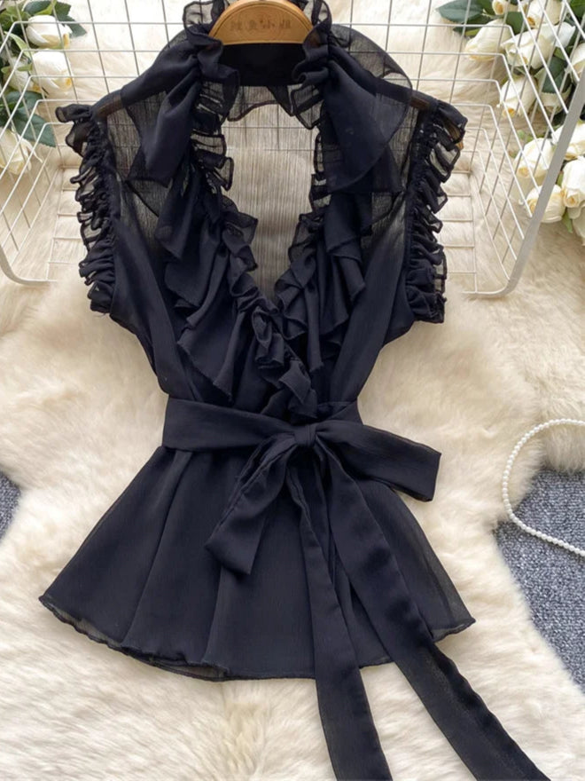 Sweet Ruffles Chiffon Blouses Women Sleeveless V Neck Retro Lace Up Blouse
