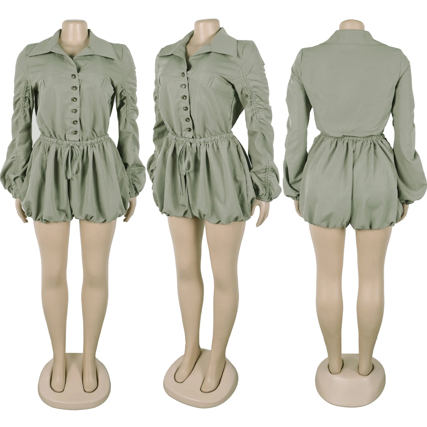 Elegant Ruched Drawstring Patchwork Rompers Woman Solid Color Lantern Sleeve Jumpsuits