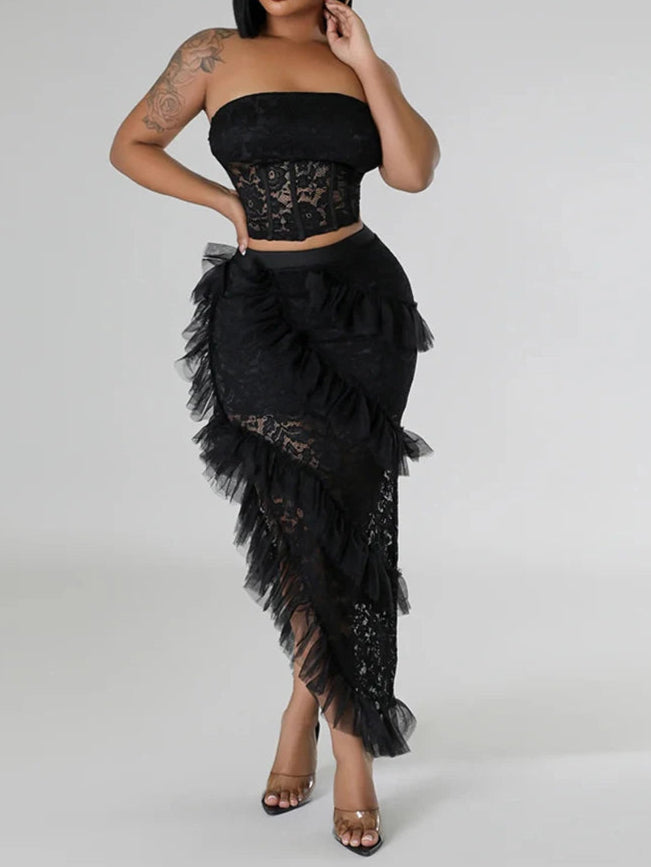 Two 2 Piece Sets for Women White Lace See Through Sleeveless Strapless Top and Ruffles Long Skirt Set