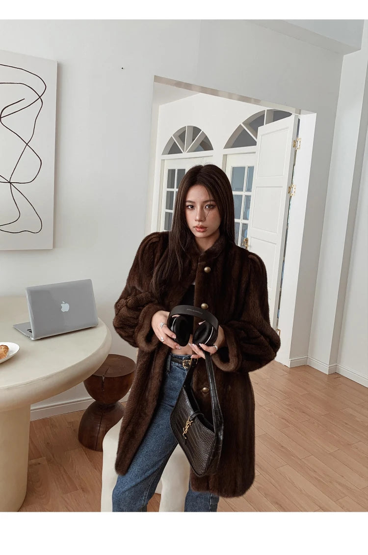 Brown Thick Warm Soft Faux Mink Fur Coat Women Puff Sleeve Stand Collar Fluffy Jacket