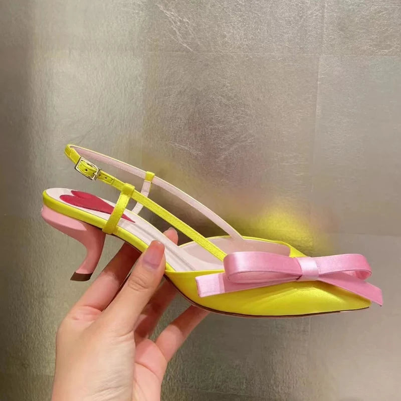 Yellow Pointed Toe Bowknot Satin Cat Heel Sandals Woman Buckle Strap Mini Heel Shoes