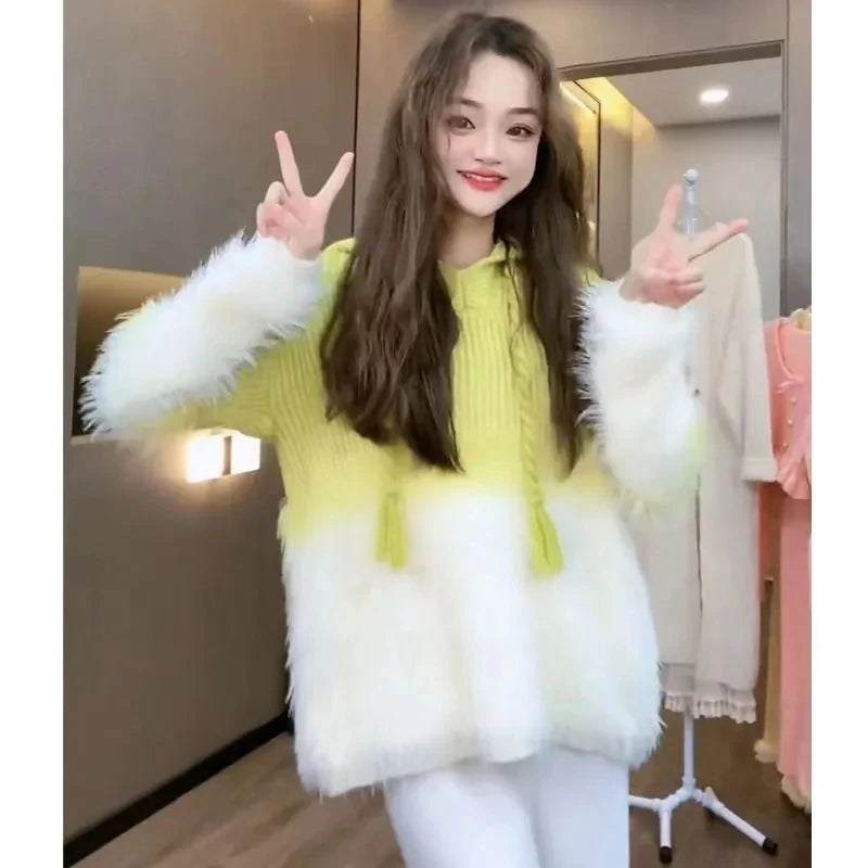 Tassel Pullover Long-Sleeved Sweater Hooded Loose Knitwear