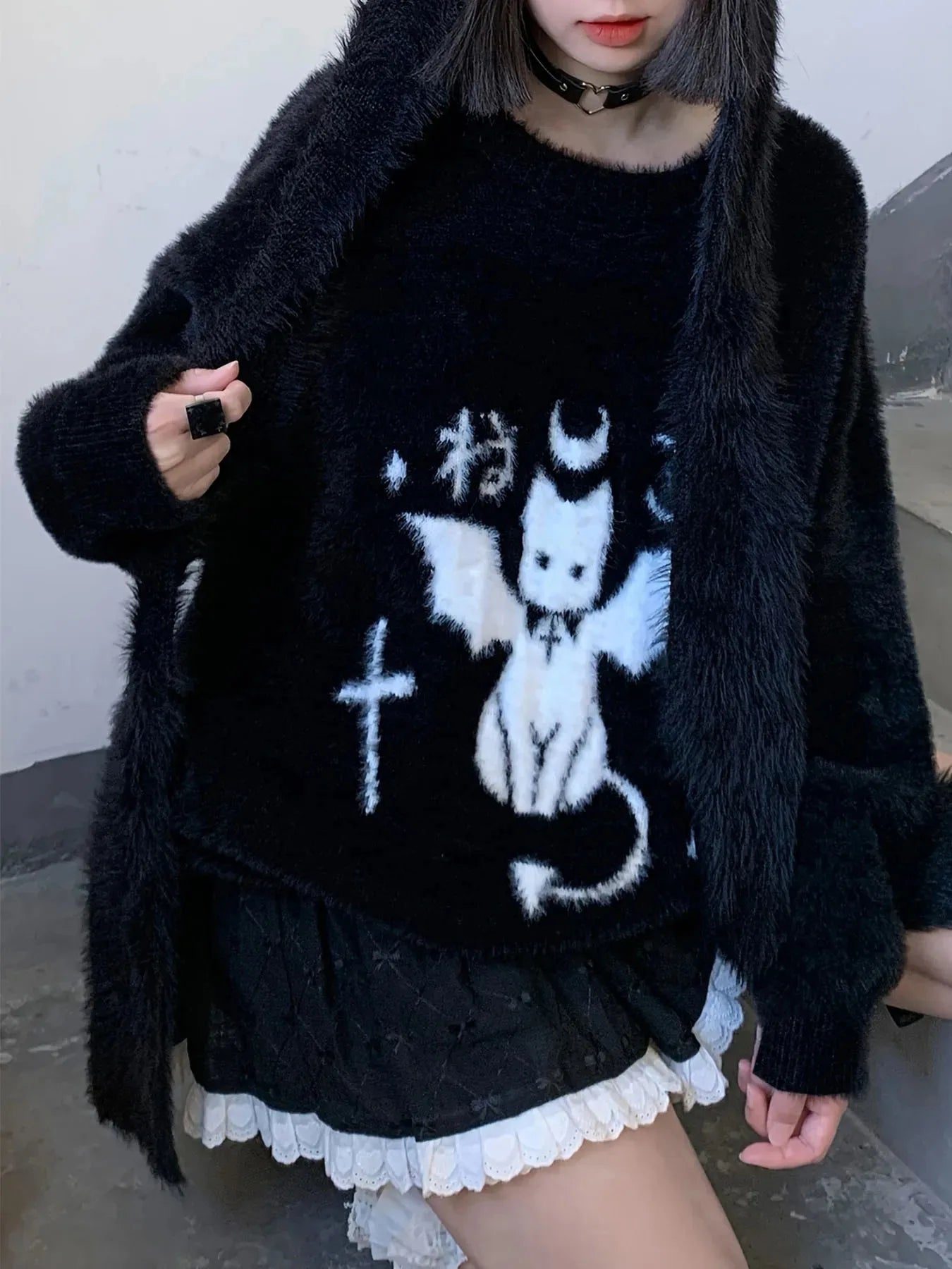Gothic Casual Oversized Knitted Jumpers Grunge Cartoon Sweater Y2k Aesthetic Pullover