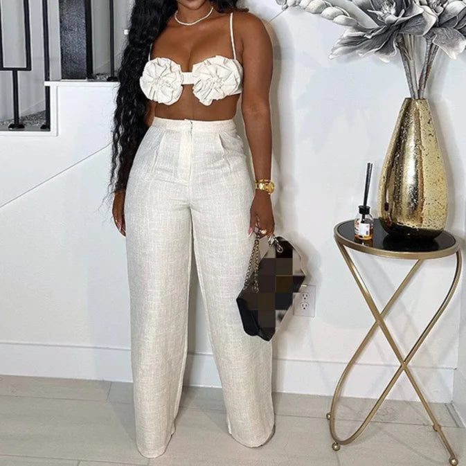 Elegant 2 Piece Sets Women Sexy 3D Flower Crop Camisole and Straight Leg Pants Set
