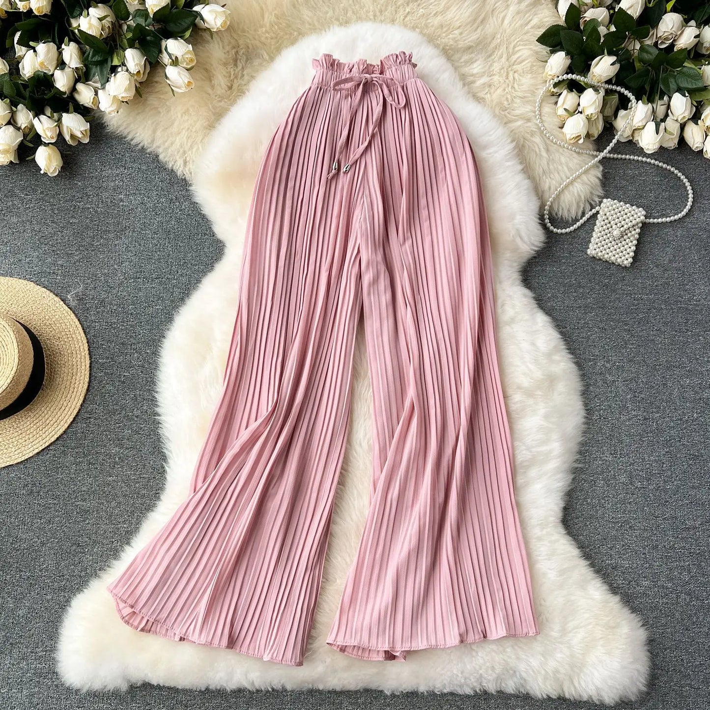 Women Long Pants Wide Leg Pant Solid Loose Casual Lace Up Tight High Waist Capris Regular Pleated Trousers
