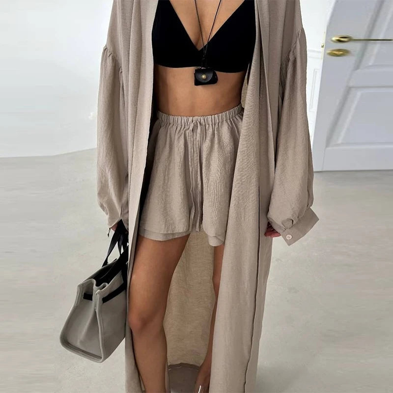 Loose Long Cardigan Lace Up Shorts Sets Women Crop Solid Balloon Sleeve Shirts Elastic Wide Leg Short Pants
